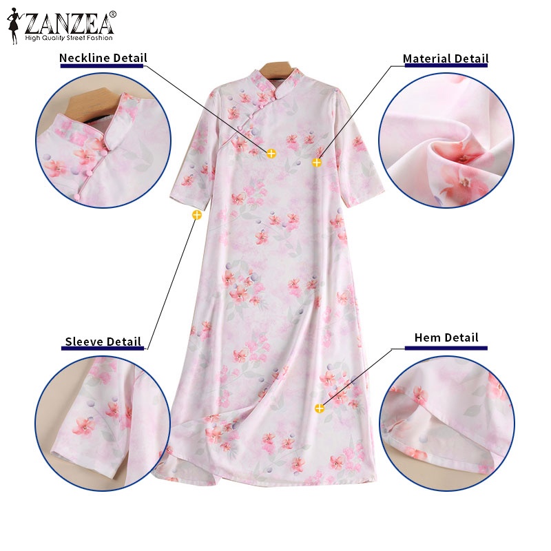 Đầm midi ZANZEA nữ dài tay cổ đứng thời trang Hàn