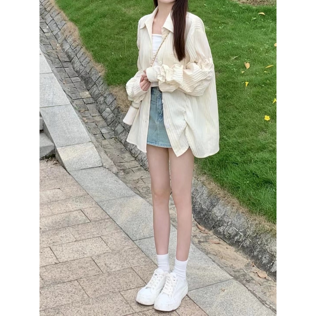 Áo Sơ Mi Cotton Dài Tay Dáng Rộng Chống Tia UV Kiểu Pháp Thời Trang Mùa Hè Cho Bạn Gái