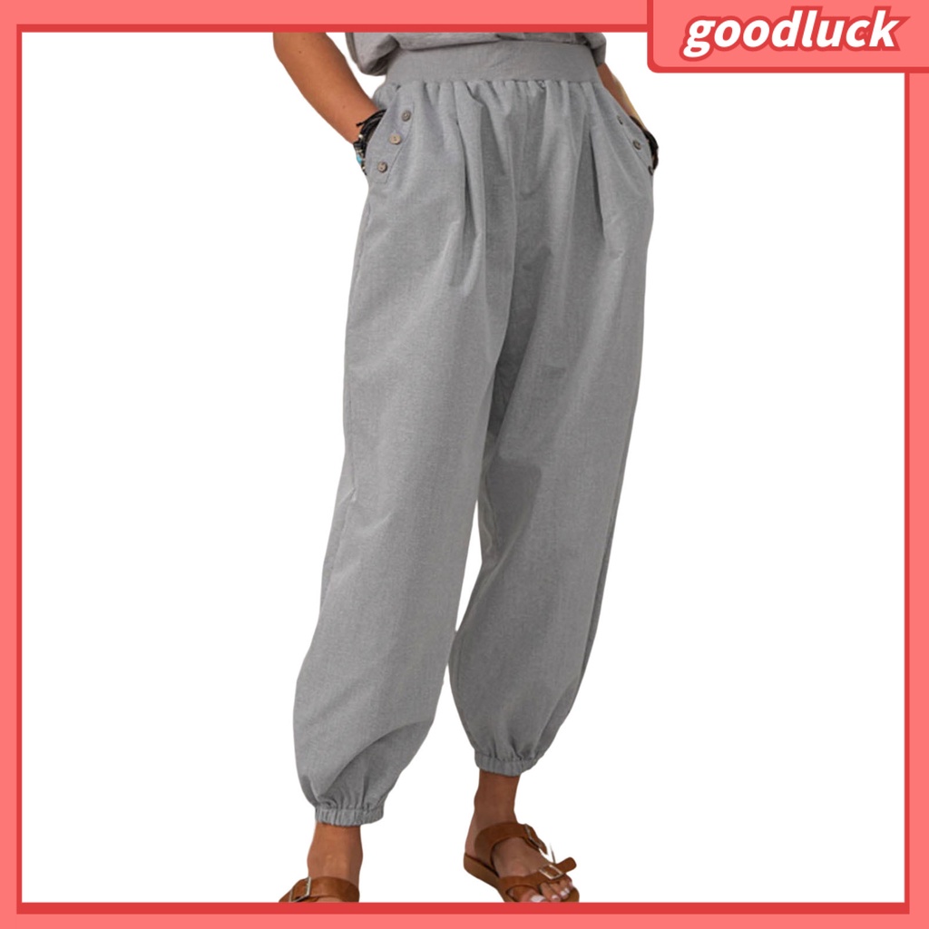 Quần Lửng Lưng Thun Màu Trơn Có Túi Đính Nút Trang Trí Đường Phố Cho Nữ