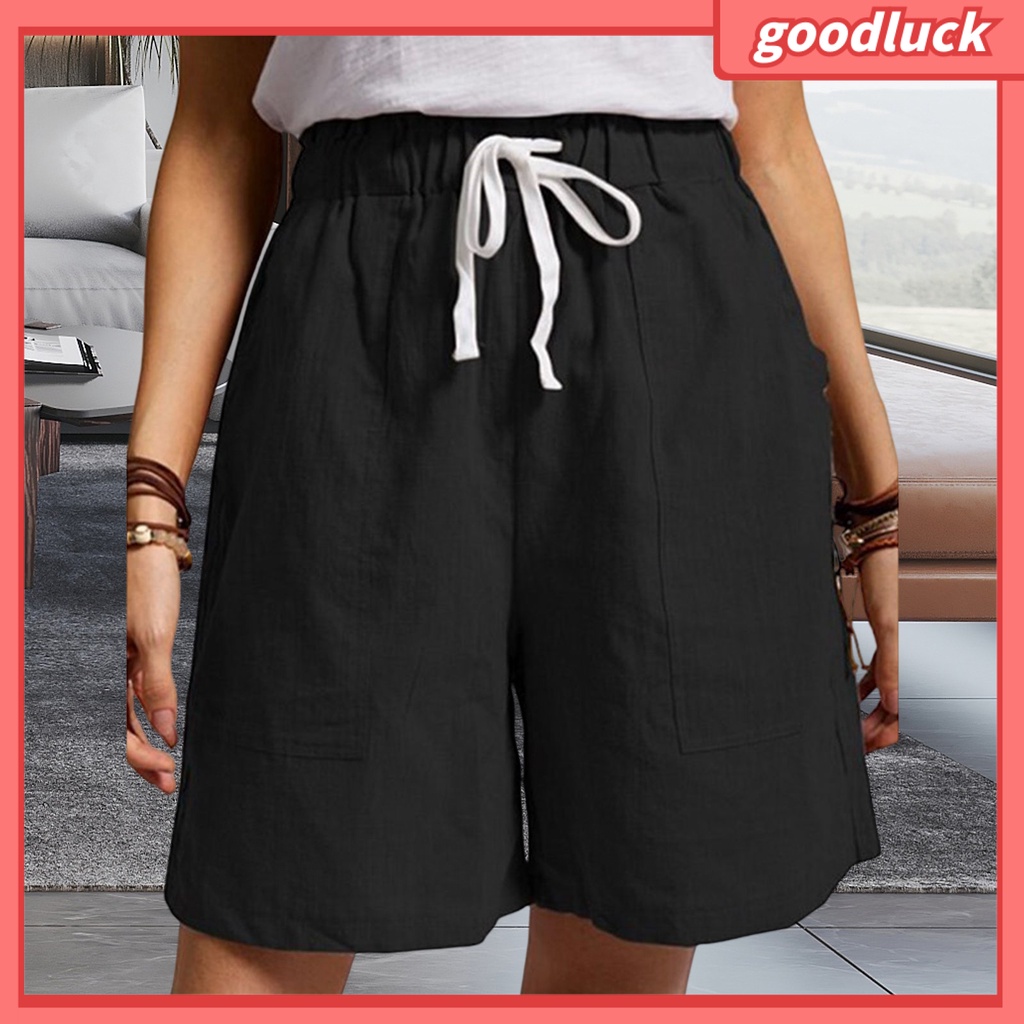 Quần ngắn ống rộng Lưng Thun Màu Trơn Phối Túi Lớn Thời Trang Đường Phố Mùa Hè