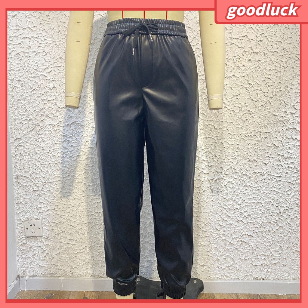 Quần Dài Giả Da Dáng Rộng Màu Trơn Phối Dây Rút Thời Trang Thu Đông Cho Nữ