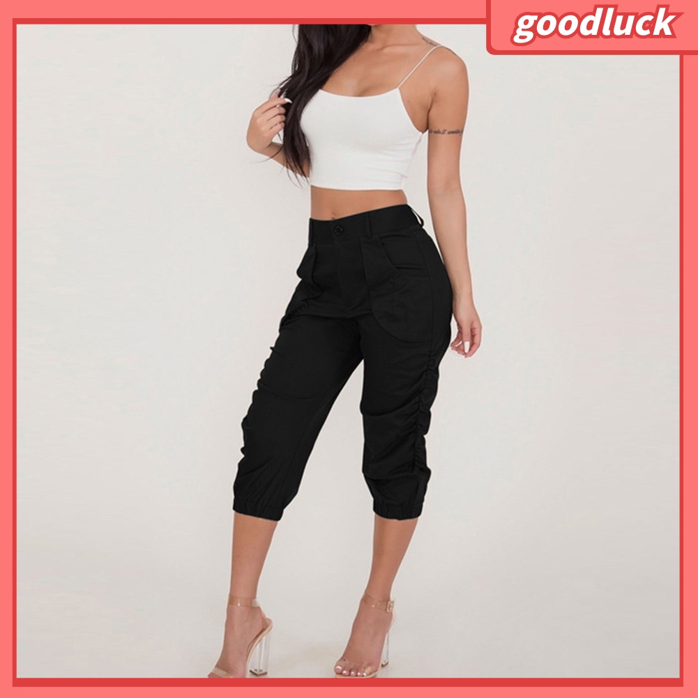 Quần Harem 3 / 4 Lưng Cao Màu Trơn Có Túi Thời Trang Mùa Hè Cho Nữ