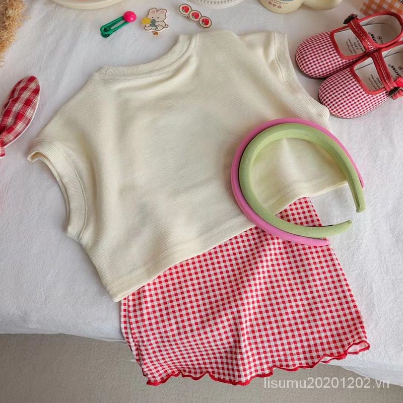 Set Áo Sát Nách + Chân Váy Sọc Caro Xinh Xắn Cho Bé Gái