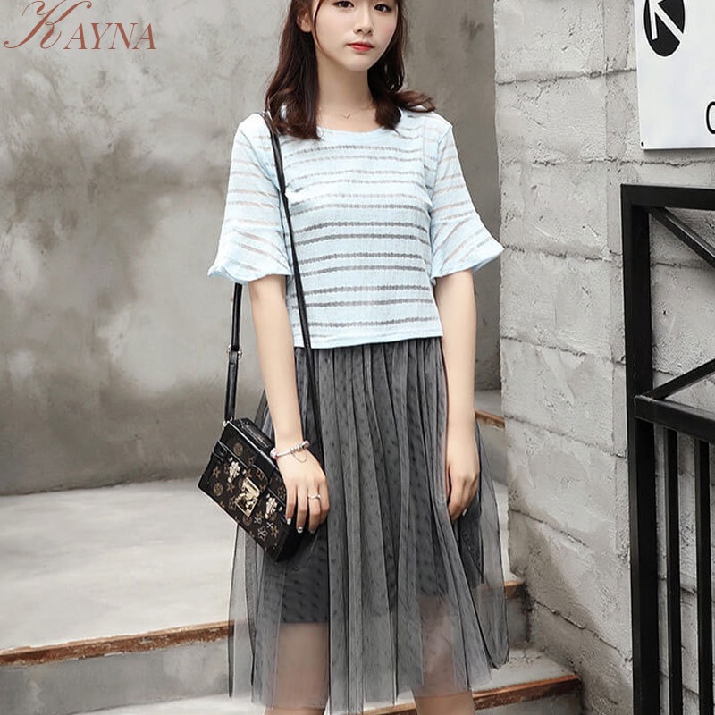 Bộ Đầm Hai Dây Phối Lưới Ôm Eo Cỡ Lớn Thời Trang Mùa Hè