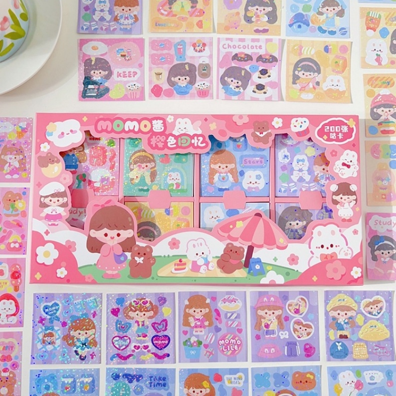 Hộp 200 Nhãn Dán Tự Trang Trí Sổ Tay Chống Nước Họa Tiết Hoạt Hình MOMO Dễ Thương Sáng Tạo DIY