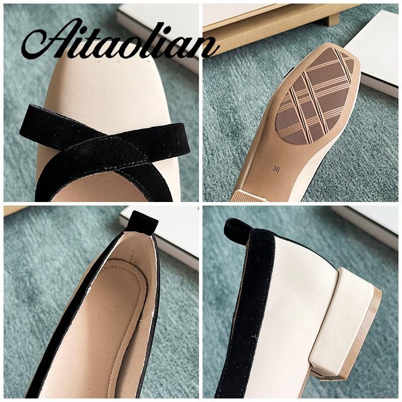 Giày Cao Gót 3cm Da Thật Mũi Vuông Đế Bằng Phong Cách retro Hợp Thời Trang Cho Nữ