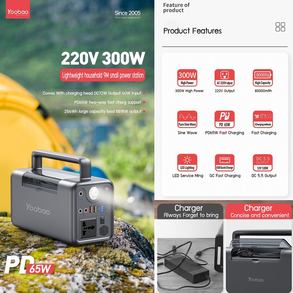 Bộ lưu điện dự phòng Yoobao EN300WLPD dung lượng 80.000 MAH 300W PD Ổ cắm điện nguồn 220v kèm đèn pin