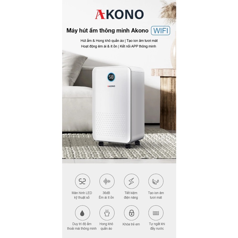 Máy Hút Ẩm Không Khí Trong Nhà Xiaomi DT16C/Máy hút ẩm Akono tạo ion âm 12L kết nối qua App/Haier 12L/Widetech 12L