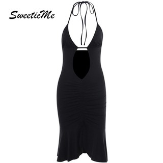 SweeticMe Nữ Thời Trang Mới Màu Trơn Slim Fit Gợi Cảm Rỗng Dây Giữa Eo Đầm Không Đều