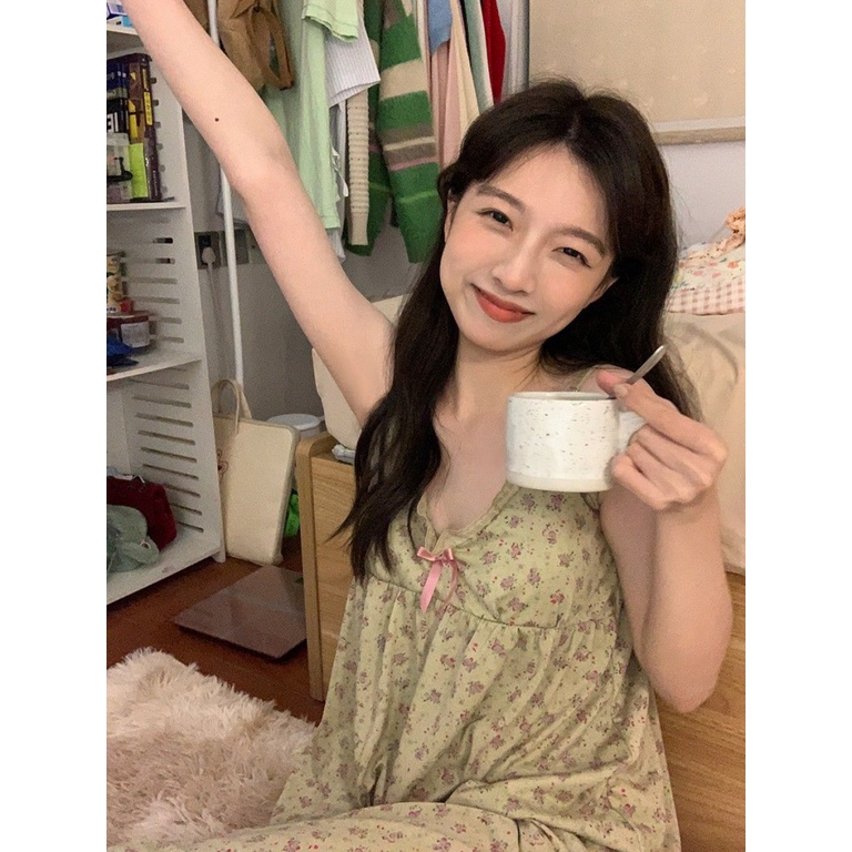 Bộ Đồ Ngủ Hai Dây Có Đệm Mút In Hoa Dễ Thương Thời Trang Mùa Hè Cho Bạn Gái