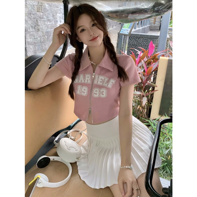 Áo Thun Lửng Ngắn Tay Có Khóa Kéo Phong Cách retro Thời Trang Cho Nữ