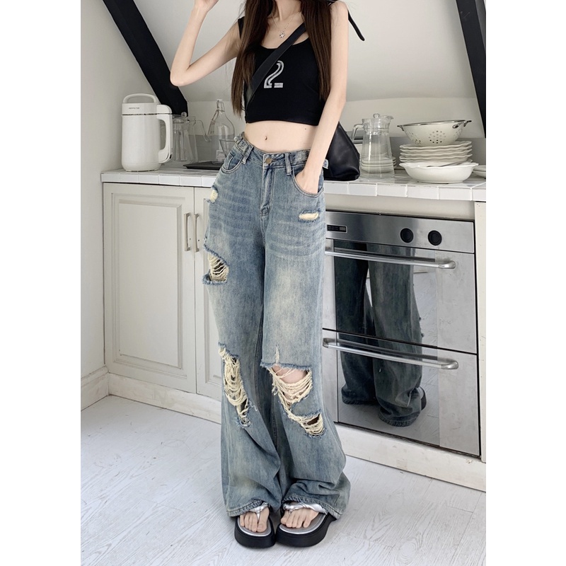 Quần Jean Ống Rộng Phối Rách Thời Trang Cá Tính