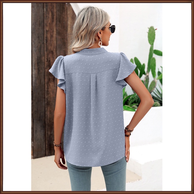 Áo Sơ Mi Chiffon Tay Ngắn Cổ Chữ V Phối Bèo Và Bóng Lông Màu Trơn Thời Trang Cho Nữ