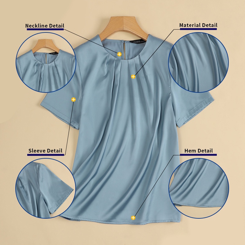 Áo kiểu ZANZEA vải satin tay ngắn cổ tròn màu trơn phong cách Hàn Quốc thời trang cho nữ