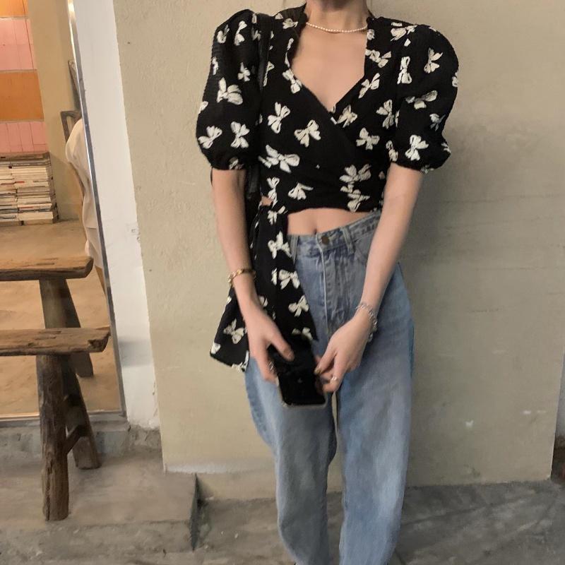 SUXI Áo Sơ Mi Chiffon Tay Ngắn Dáng Ôm In Họa Tiết Thắt Nơ Kiểu Vintage Xinh Xắn