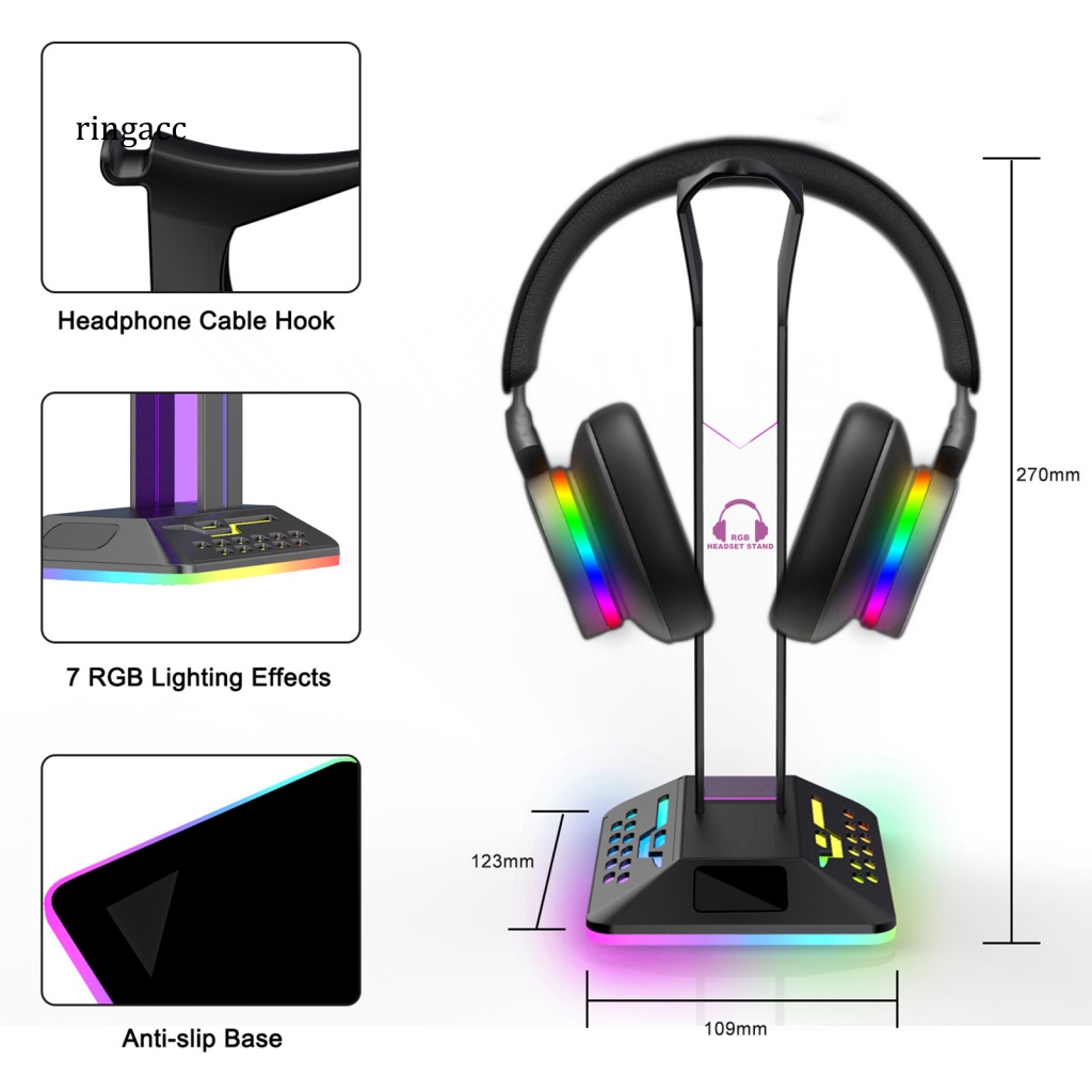 Rga 1 Bộ Giá Đỡ Tai Nghe Chơi Game 2 Trong 1 7 RGB Ánh Sáng Dạ Quang Chống Trượt Với 2 Cổng USB