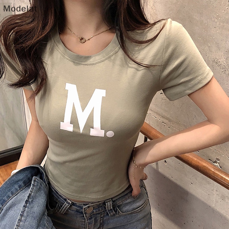 Áo Thun Crop Top Tay Ngắn Cổ Tròn In Chữ Thời Trang Mùa Hè Cho Nữ