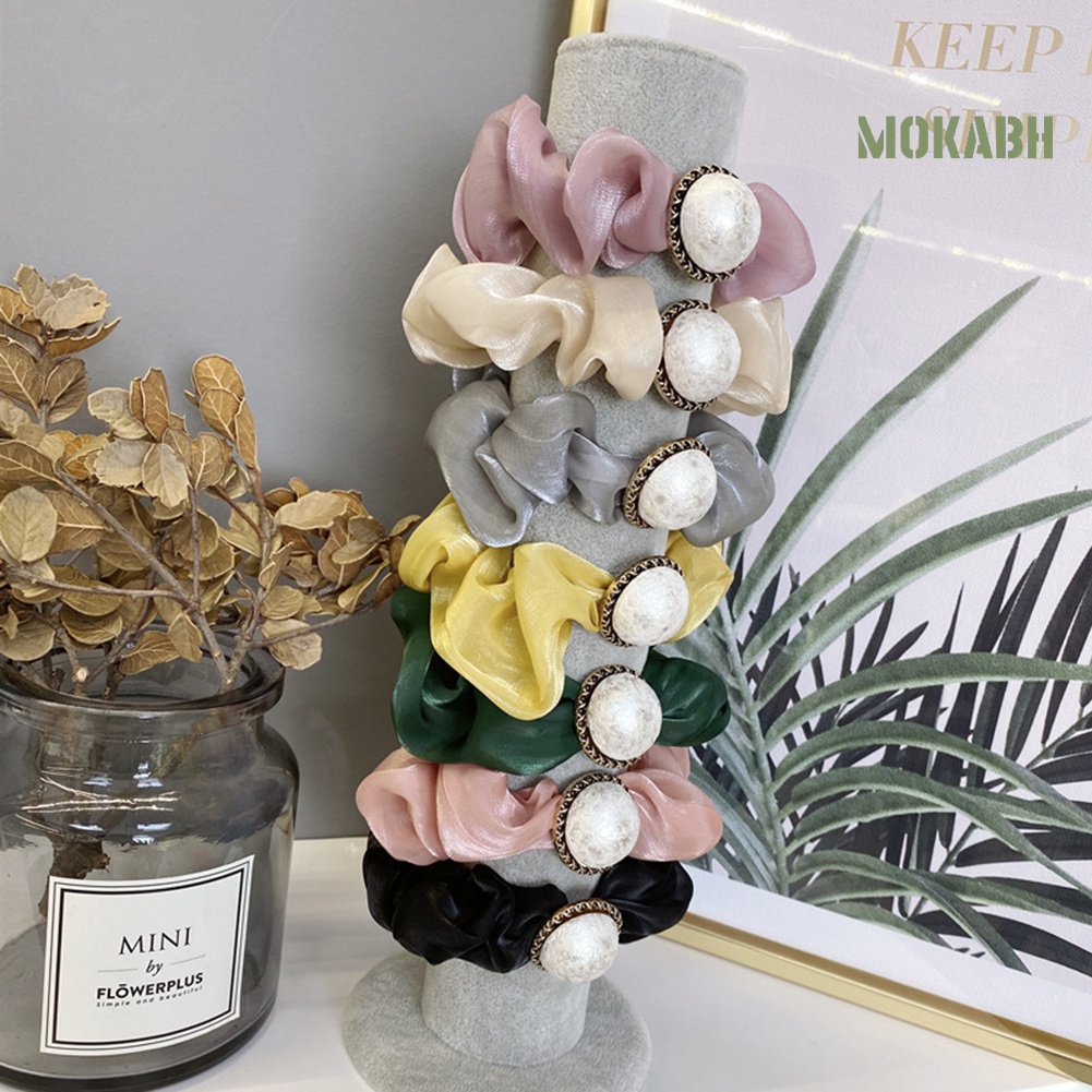 Dây Cột Tóc Co Giãn Bằng Vải Tuyn Đính Ngọc Trai Nhân Tạo Màu Trơn Thời Trang Dành Cho Nữ Giá Đỡ