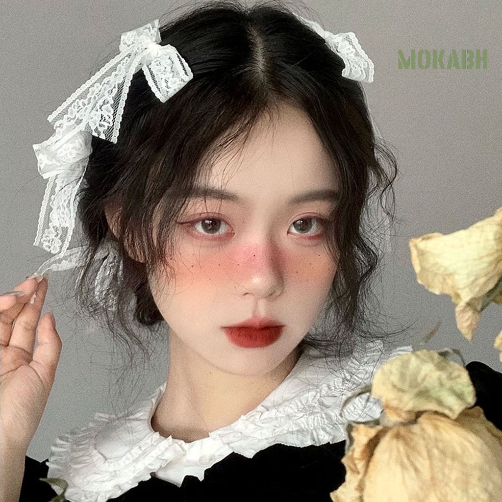 Bộ 3 / 4 / 6 Kẹp Tóc Nơ Phối Ren Trắng Thêu Họa Tiết Phong Cách Lolita Xinh Xắn Cho Bé Gái