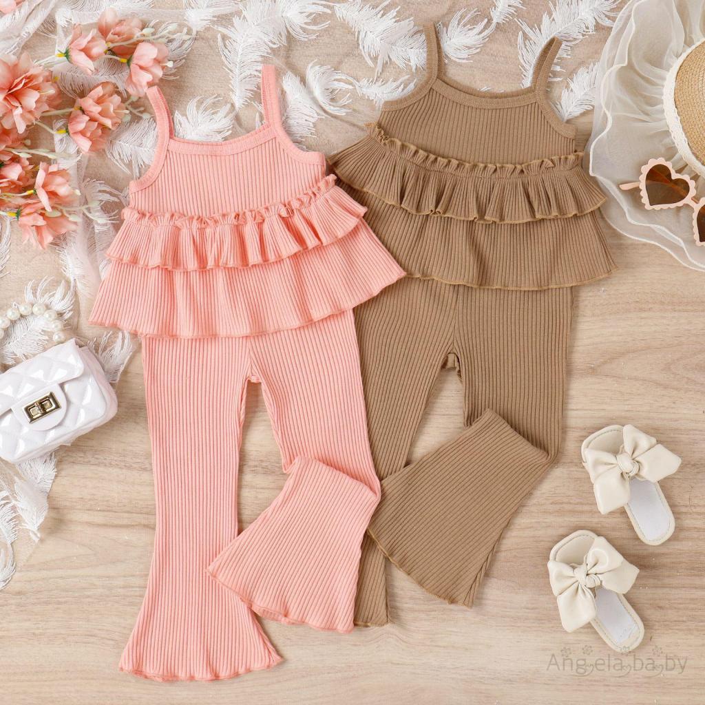 Set Áo Hai Dây Nhún Bèo Nhiều Lớp + Quần Ống Loe Màu Sắc Trơn Thời Trang Mùa Hè Cho Bé Gái 1-6 Tuổi