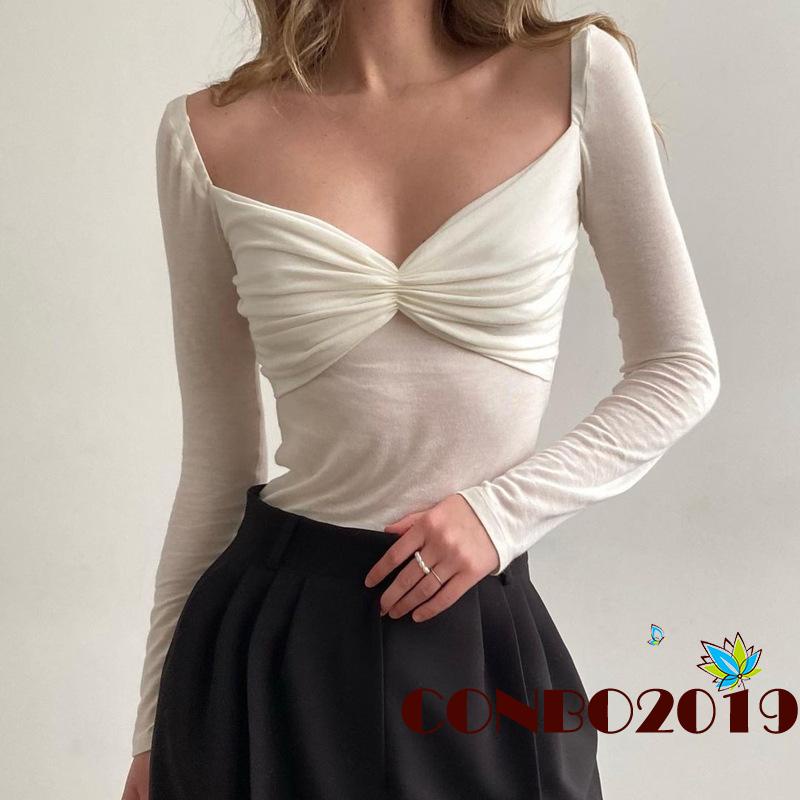 Áo Thun Tay Dài Cổ Chữ V Xếp Ly Dáng Ôm Dành Cho Bạn Nữ Mặc Hàng Ngày