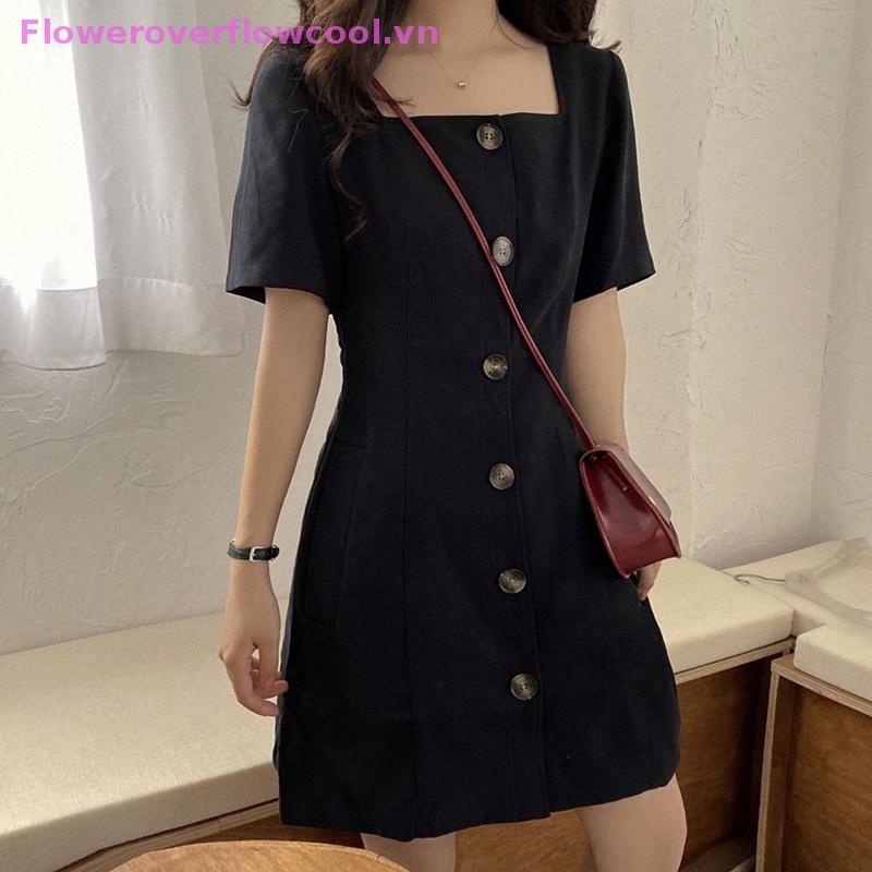 Đầm Mini Cổ Vuông Tay Ngắn Màu Đen Phong Cách Hàn Quốc Thanh Lịch Thời Trang Mùa Hè Cho Nữ