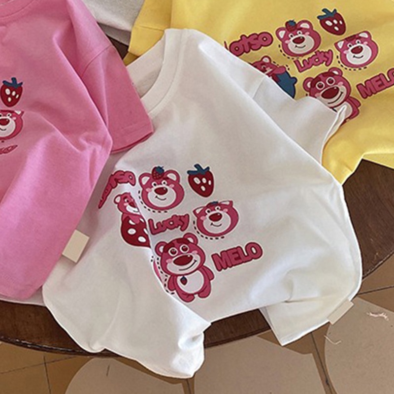 Áo Thun Cotton Tay Ngắn In Hình Gấu Và Dâu Tây Dễ Thương Phong Cách Hàn Quốc Cho Bé 0-7 Tuổi