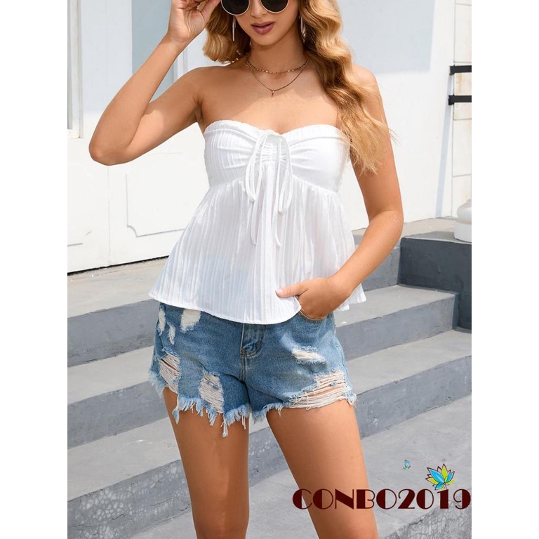 Hgm Áo Croptop Trễ Vai Không Dây Rút Co Giãn Màu Trơn Mùa Hè Cho Nữ Mặc Đi Câu Lạc Bộ Đường Phố