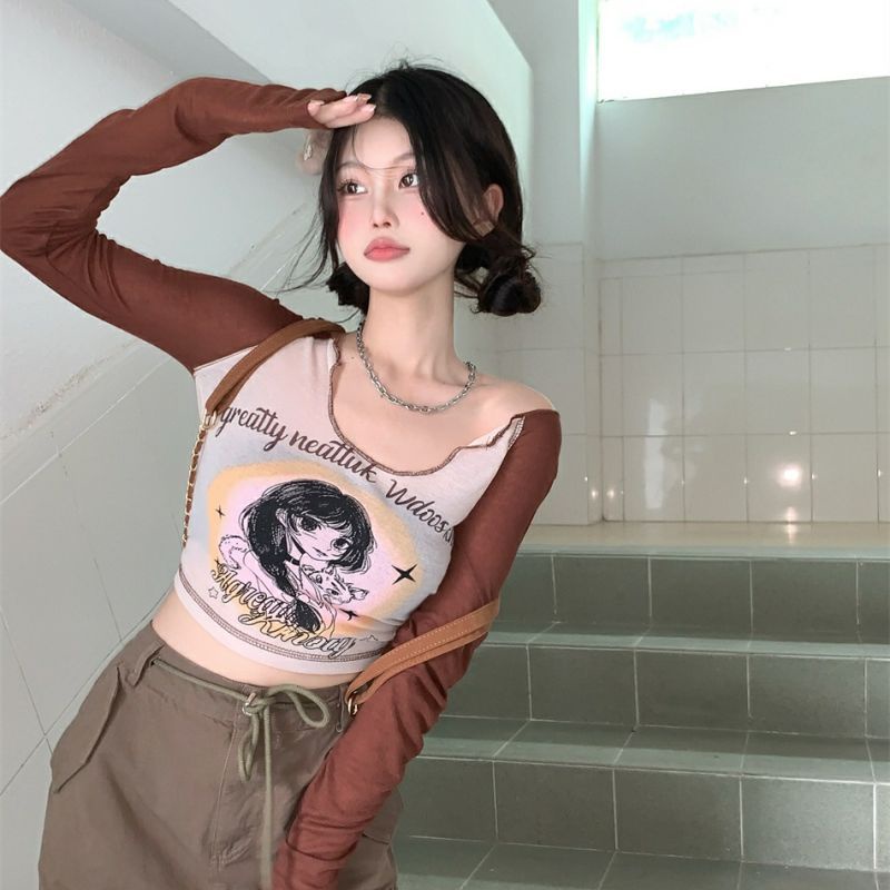 Áo baby tee Thun croptop Lửng Tay Dài Dáng Ôm Màu Sắc Tương Phản Thời Trang Cho Nữ