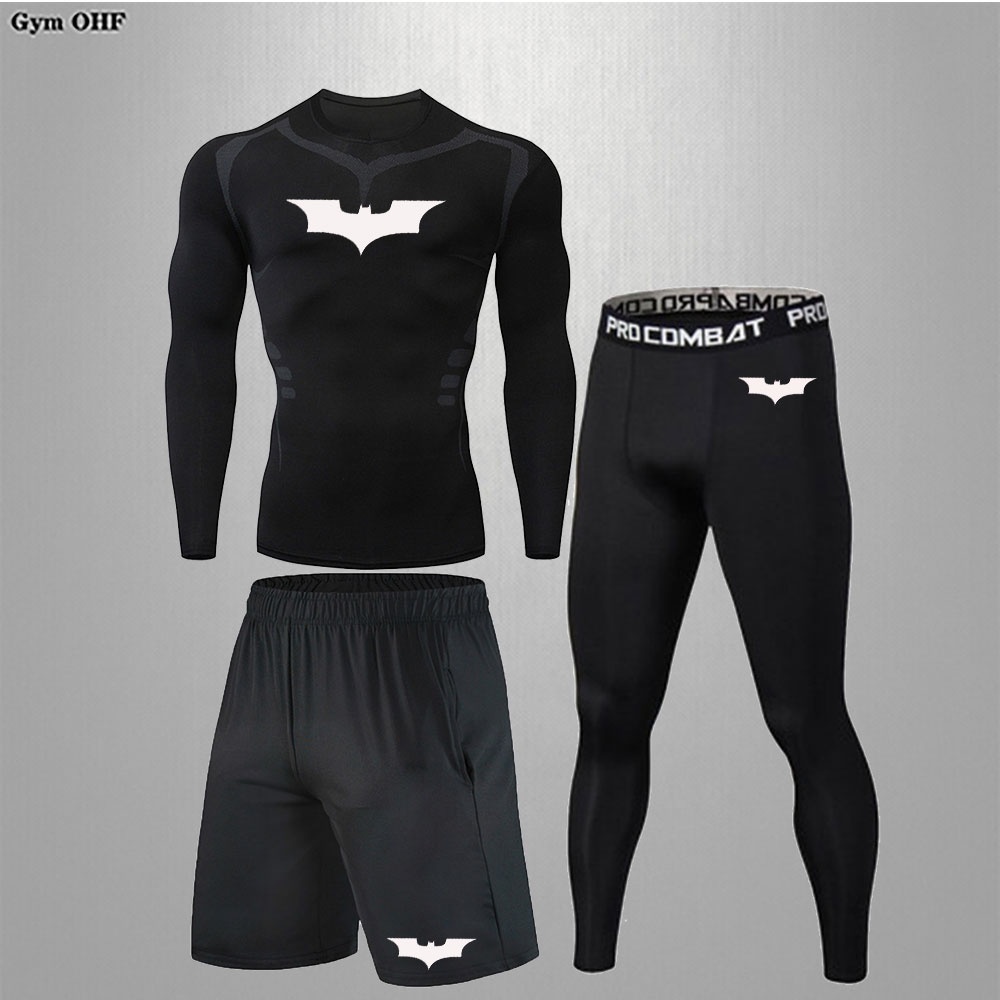 Set Đồ 3 Món Áo Thun Nén In Hình Batman Tập Gym Chạy Bộ Cho Nam