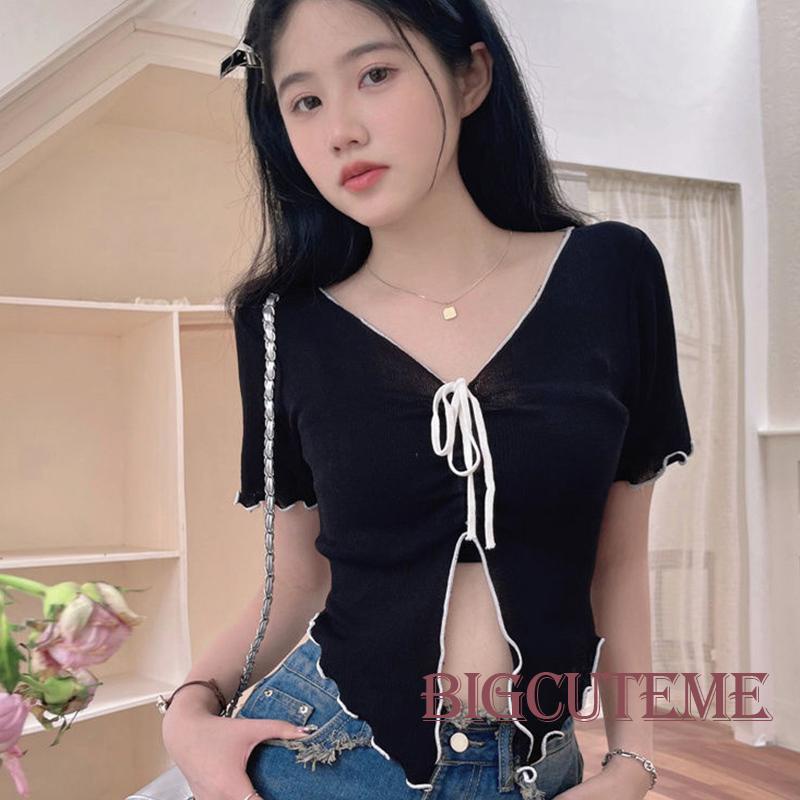 Áo Thun Nữ Ngắn Tay Cổ Chữ V Dây Rút Thời Trang