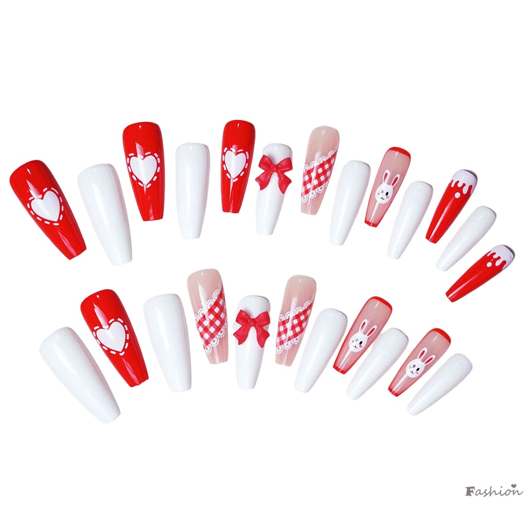 Móng Tay Giả Hình Thỏ Thắt Nơ Đỏ Dễ Thương