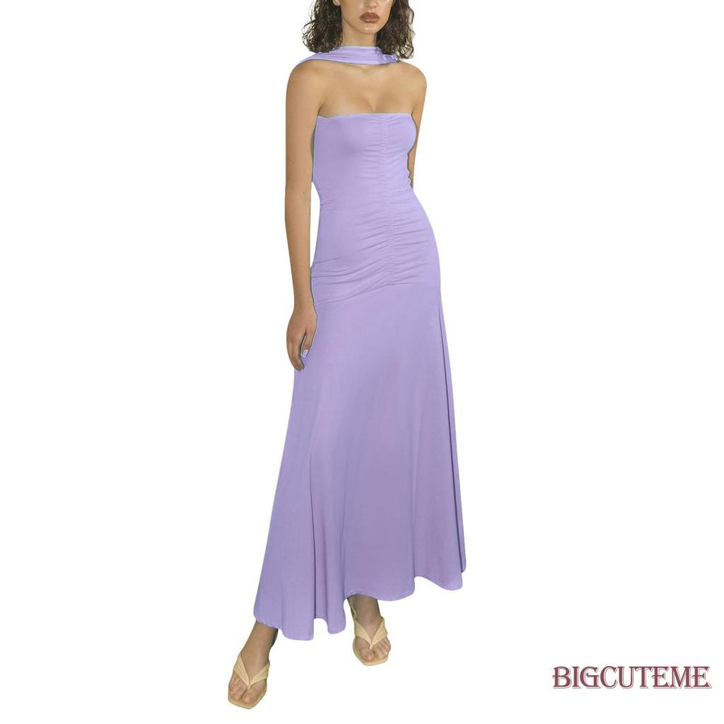 Đầm Hai Dây Mùa Xuân Hè Xếp Ly Màu Sắc Trơn Cổ Yếm Không Tay Cho Nữ