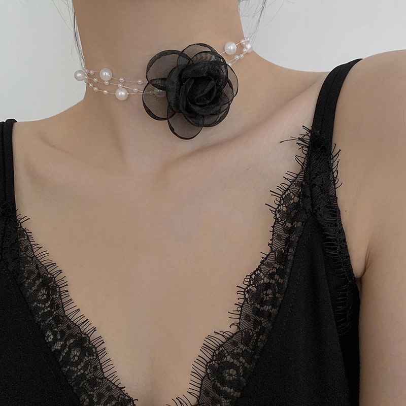 Vòng Cổ Choker Ren Hoa 17KM Nhiều Lớp Đính Ngọc Trai Thanh Lịch Dành Cho Nữ