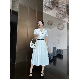 C- ELINE 2023 single pocket strip decorative pleated skirt with belt slimming dress