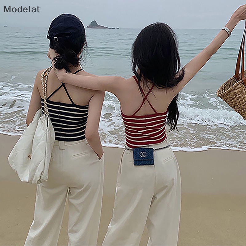 Áo Dệt Kim Hai Dây Hở Lưng Họa Tiết Kẻ Sọc Thời Trang Mùa Hè Quyến Rũ Cho Nữ