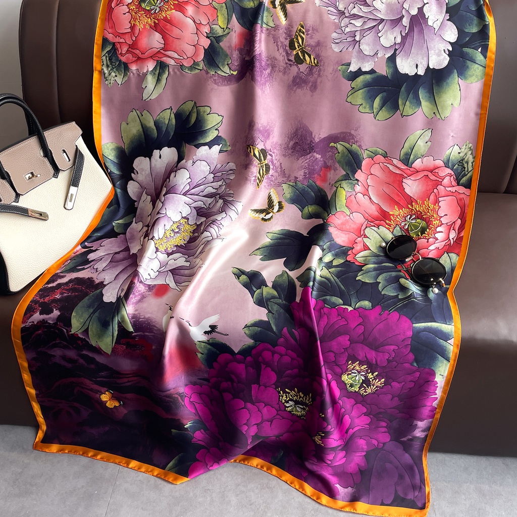 Khăn Quàng Cổ Chống Nắng Bằng Lụa Cỡ Lớn 180 * 90CM In Họa Tiết Hoa Mẫu Đơn Sang Trọng Cho Nữ