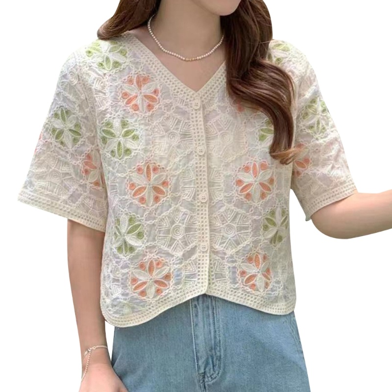 Áo Tank Top Dệt Kim Tay Ngắn Thêu Hoa Xinh Xắn Cho Nữ