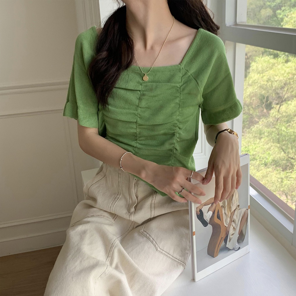 Áo Dệt Kim Tay Ngắn Cổ Vuông Màu Đen Phong Cách Pháp Thời Trang Cho Nữ