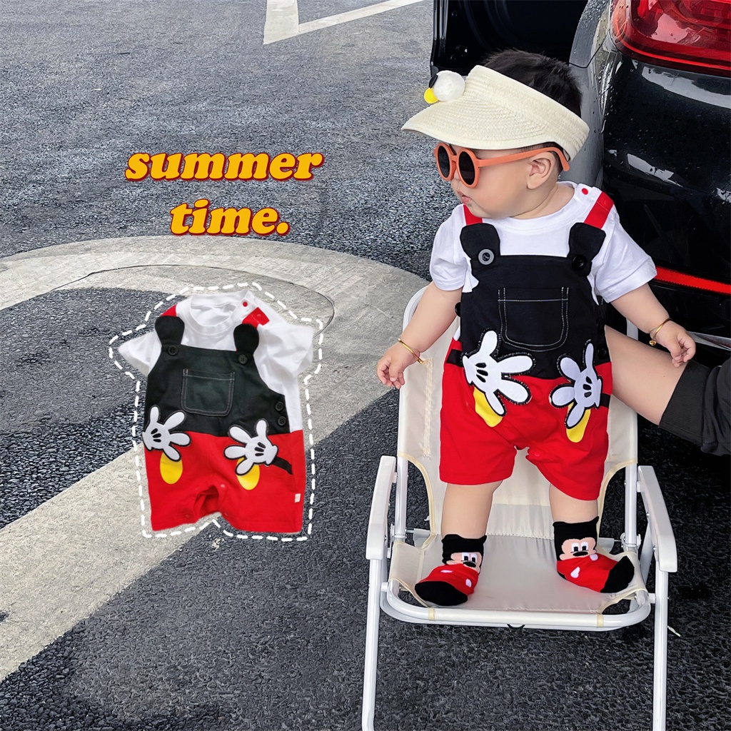 Bộ áo liền quần PINPOO tay ngắn in hình chuột mickey hoạt hình phong cách trung tính cho trẻ sơ sinh