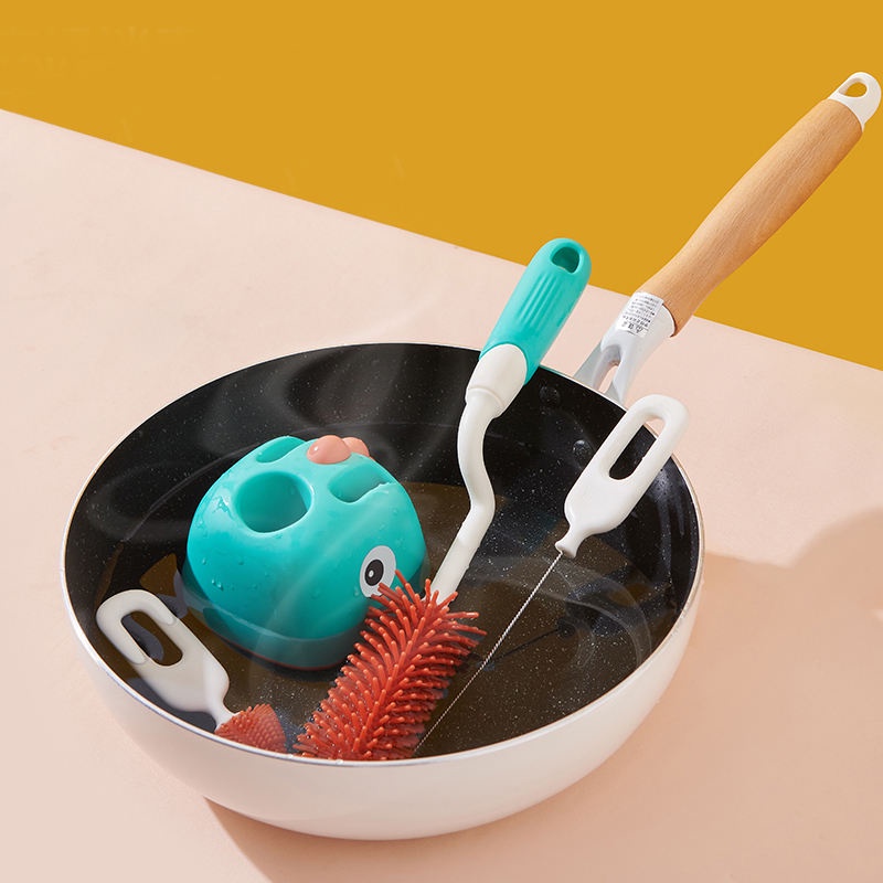 Bộ Bàn Chải Vệ Sinh Bình Sữa Em Bé Bằng Silicone Kèm Đế Đựng Tiện Dụng