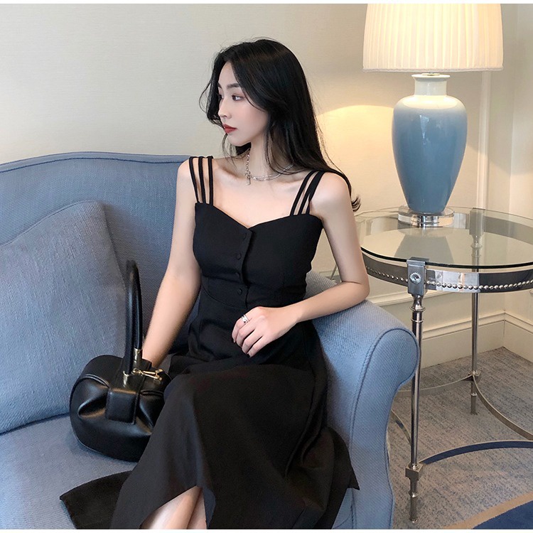 🔥 Váy 🔥 hai dây mang phong cách Pháp cổ điển của thời trang mùa hè bằng gối đen, mang đến vẻ thanh lịch cho phụ nữ