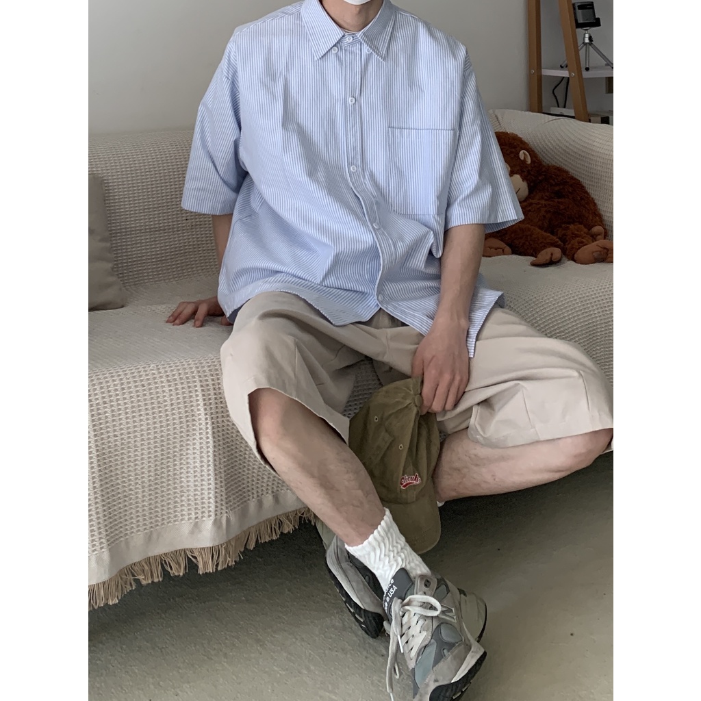 Áo Sơ Mi Ngắn Tay Dáng Rộng Họa Tiết Sọc Thời Trang Mùa Hè Nhật Bản Dành Cho Nam