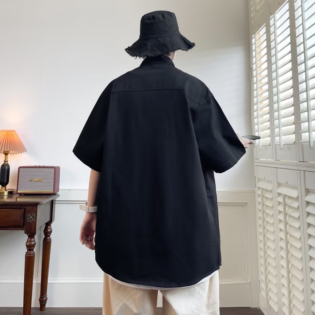 Áo Sơ Mi Cotton Tay Ngắn Dáng Rộng Phối Túi Phong Cách Vintage Cho Nam Giới Có Size M-8XL