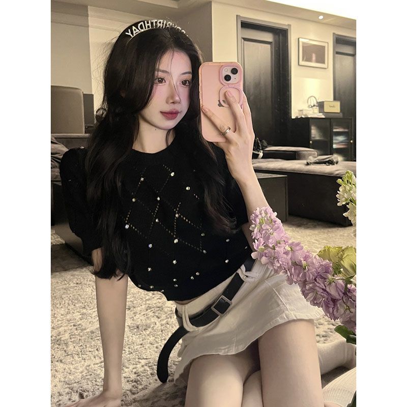 Áo Sweater Dệt Kim Tay Phồng Ngắn Thời Trang Mới 2023