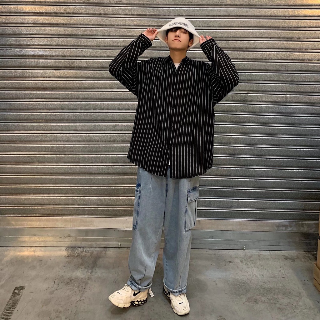 Áo Sơ Mi Nam Dài Tay Dáng Rộng Họa Tiết Kẻ Sọc Phong Cách Hong Kong Nhật Bản Thời Trang Mùa Hè