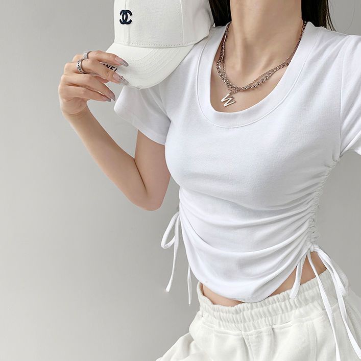 COZOK Áo Thun crop Top Tay Ngắn Phối Dây Rút Xếp Ly Thời Trang Quyến Rũ Cho Nữ