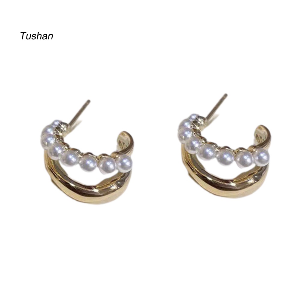 1 Đôi Bông Tai Ngọc Trai Giả Hai Lớp Phong Cách Hàn Quốc Dành Cho Nữ