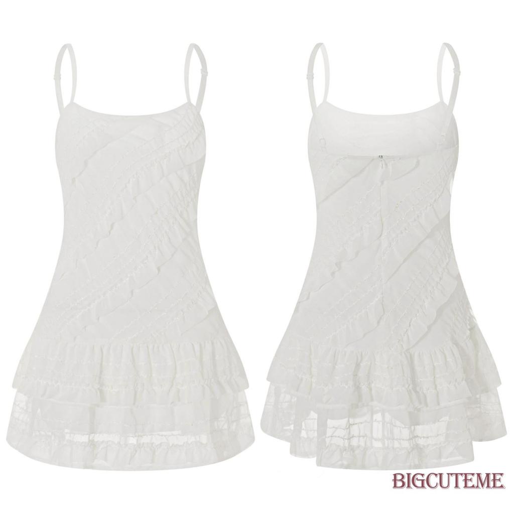 Đầm Hai Dây Mùa Hè Ôm Dáng Hở Lưng Phối Bèo Màu Trắng Cho Nữ