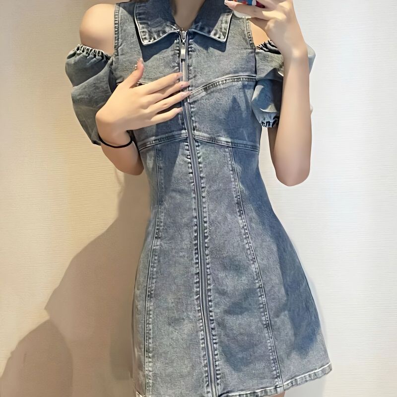 Đầm Denim Trễ Vai Phong Cách Retro Pháp Thời Trang Xuân Hè Cho Nữ